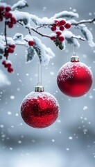 Poster - Red ornaments hanging from a snowy branch, creating a festive winter scene.