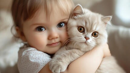 Wall Mural - A sweet moment captured between a child and a fluffy cat. The child embraces the pet with joy. This heartwarming image reflects love and companionship. 