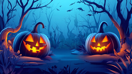 Halloween illustration with jack o pumpkins in spooky forest at night with copy space