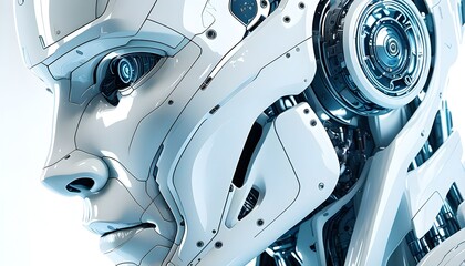 Wall Mural - Futuristic robotic head with human-like facial features and intricate mechanical details in striking blue and white colors