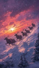 Canvas Print - Reindeer pulling a sleigh uphill through a snowy landscape under a dramatic sunset.