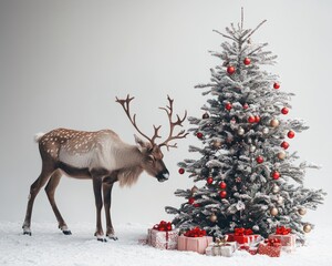 Poster - Reindeer standing near a decorated Christmas tree with presents on a snowy white background.