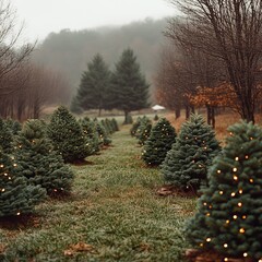 Sticker - Rows of Christmas trees with lights in a foggy forest.