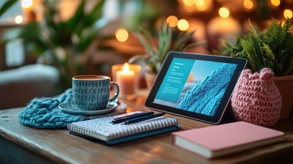 Sticker - A cozy workspace with a tablet, a cup of coffee, and a notebook on a wooden table with a soft blanket.