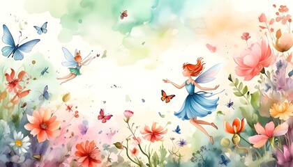 Wall Mural - Enchanted fairy dancing among vibrant flowers and delicate butterflies in a whimsical watercolor world