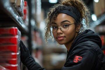 Poster - A young woman with glasses and a black hoodie is looking at the camera with a smile. She is working in a warehouse, standing between shelves filled with red boxes.