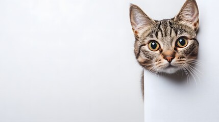 A curious cat peeks out from behind a wall, showcasing its expressive eyes and distinctive striped fur pattern.