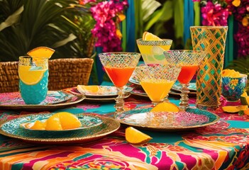 vibrant duo colorful drink cups brightly decorated table various patterns textures, beverage, glass, modern, stylish, refreshing, bold, trendy, unique