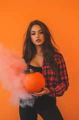 Wall Mural - A photograph of an attractive woman holding a pumpkin against a unique orange background with orange smoke.Minimal creative party holiday concept.Copy space.