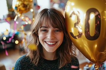 A young woman with smooth, chin-length brown hair celebrates her 30th birthday in a joyful and festive setting.