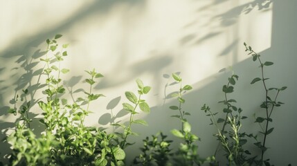 Sticker - Green Foliage with Sunlight Casting Shadows on a White Wall