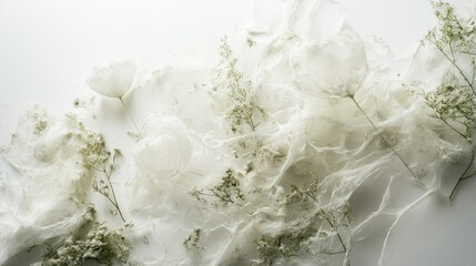 Poster - White Flowers and Delicate Webbed Texture on a White Background