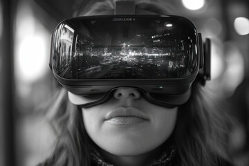 Sticker - A woman wearing a VR headset, looking at a virtual city skyline.