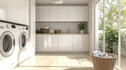 Fototapete - This well-designed laundry room showcases built-in washing and drying machines along with sleek white cabinets and a laundry basket. Generative AI