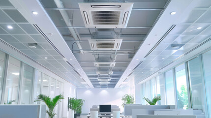 Poster - Modern office interior featuring sleek ceiling design with air conditioning units, large windows allowing natural light, and greenery for refreshing atmosphere