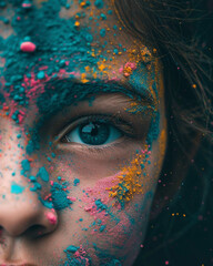 Wall Mural - A girl with colorful face paint and a blue eye