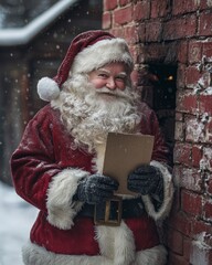 Poster - Santa Claus holding a letter by a brick wall in a snowy setting.