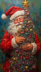 Poster - Santa Claus hugs a decorated Christmas tree with a smile on his face.