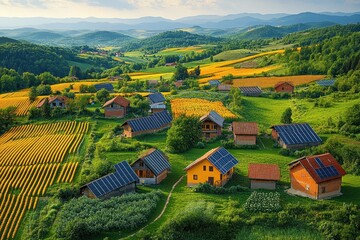 Wall Mural - Aerial view of a small village nestled in a rolling green valley with houses equipped with solar panels, with a field of golden crops.