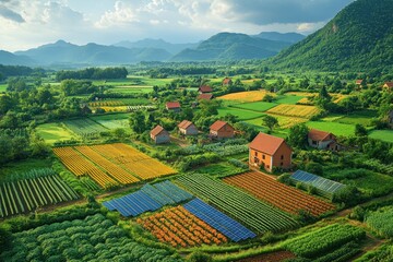 Canvas Print - Aerial view of a rural village nestled in a valley with farmlands and solar panels.