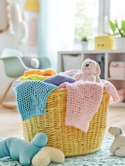 Poster - The laundry basket overflows with vibrant children's clothing and plush toys in a sunlit, inviting space. Generative AI