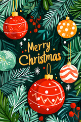 christmas-themed illustration featuring a frame of tree branches, red and golden ornaments, and 