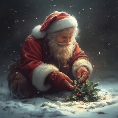 Canvas Print - Santa Claus kneeling in the snow, holding holly.