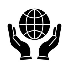 World ecology icon with hands holding the globe illustration in bold black design on white background with copy space
