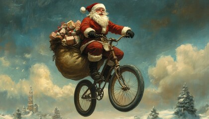 Sticker - Santa Claus on a bike, flying through the air with a sack of presents, snowy landscape in the background.