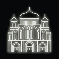 Canvas Print - Neon vector illustration of a shining cathedral building with arches and domes glowing white on a black background