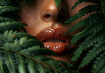 A close-up of a woman's lips partially obscured by lush green ferns, capturing a serene and natural beauty in a vibrant setting