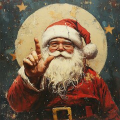 Sticker - Santa Claus points with a smile in a vintage style illustration with stars and a moon in the background.