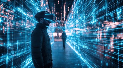 A man wearing a virtual reality headset stands in a tunnel of blue lights
