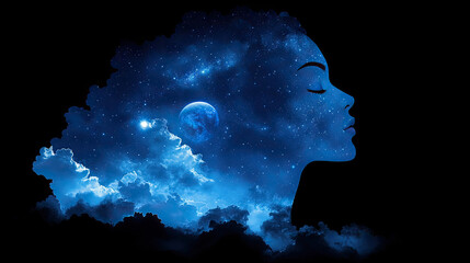 Wall Mural - A tranquil profile of a woman blends with a stunning cosmic background featuring stars, clouds, and planets in deep space