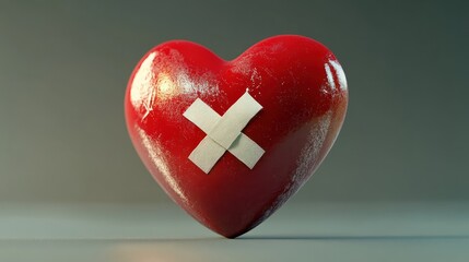 Red heart-shaped object with adhesive bandages, symbolizing healing or mended love.