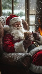 Poster - Santa Claus relaxes in a chair by the fireplace, enjoying a warm drink and a snowy view outside the window.