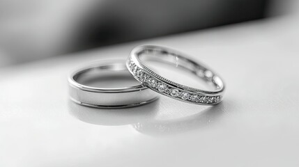 A pair of silver wedding rings, one with a diamond setting, placed side by side on a clean, white surface, representing unity and eternal love.