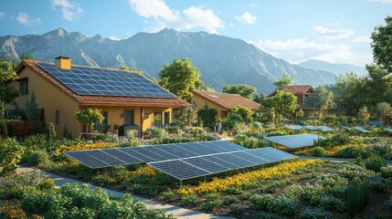 Canvas Print - A community of houses with solar panels on their roofs and in their gardens, surrounded by flowers and mountains in the distance.