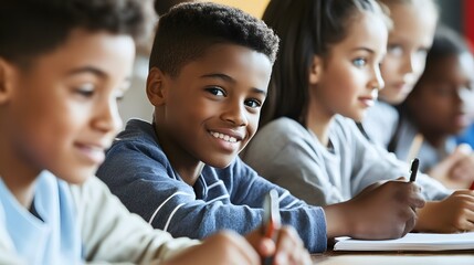 Sticker - A young boy smiles while sitting in class with other students.