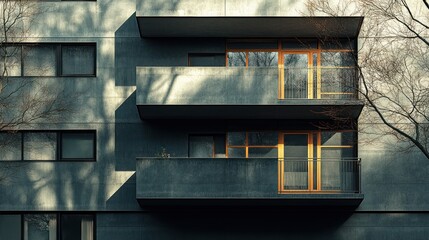 Wall Mural - A modern apartment building with balconies and windows. The building is made of concrete and has a simple design. The balconies are covered in shadows from the trees in the background.