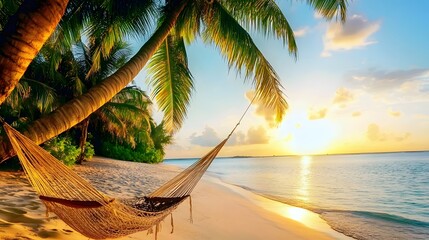 Canvas Print - A hammock hangs peacefully between palm trees on a tropical beach at sunset.