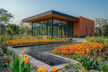 Poster - Modern architecture with large glass windows, brick walls, and a pond in front of the building, surrounded by colorful flowers and plants.