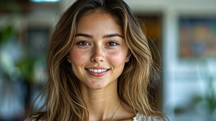 Poster - A joyful young woman stands indoors, smiling gently as natural light illuminates her face, creating a serene and inviting atmosphere.