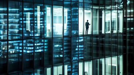 Wall Mural - Silhouette of a man standing in a high-rise office building at night.