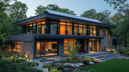 Sticker - A modern house with large windows and a stone facade is nestled in a wooded area with a lush lawn and landscaping.