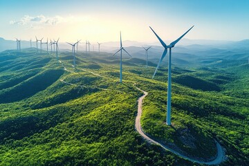 Canvas Print - Aerial view of wind turbines on a hilltop with a winding road and green vegetation.