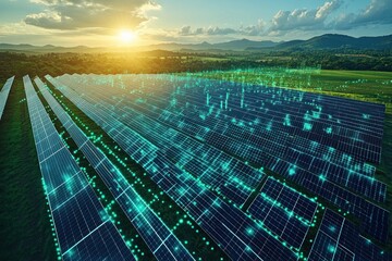 Sticker - Aerial view of a solar panel farm with digital overlay at sunset.