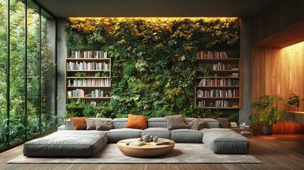 Sticker - Modern living room with a green wall, large windows, a sectional sofa, and bookshelves.