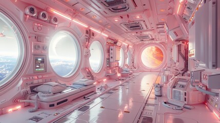 Wall Mural - 3D space station interior, featuring advanced equipment, large windows overlooking the galaxy, and a futuristic aesthetic in soft hues.