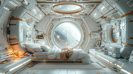 Wall Mural - 3D space station interior, featuring advanced equipment, large windows overlooking the galaxy, and a futuristic aesthetic in soft hues.